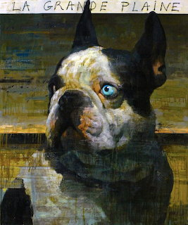 Painted portrait of a black and white French bulldog with one bright blue eye