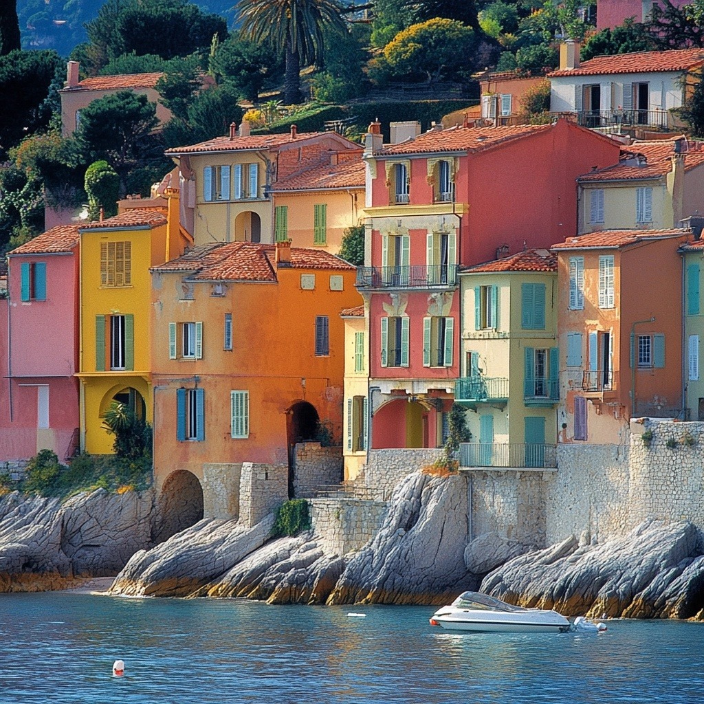 Colorful seaside houses on rocky shore above calm water with a small white boat