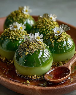 Green glazed dome desserts with white flowers and gold crumble on terracotta plate