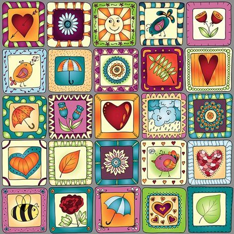 Colorful patchwork grid of cartoon doodle tiles with hearts, flowers, umbrellas, birds, and suns