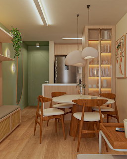 Modern kitchen dining room with round wooden table, chairs, pendant lights, and green cabinetry