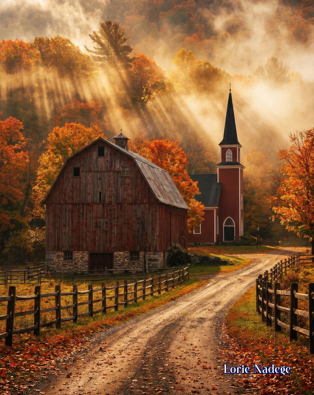 Red barn and church steeple along a dirt road with golden autumn trees and sunrays breaking through misty sky