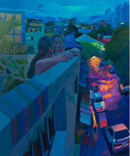 Painting of two people on a balcony overlooking a colorful nighttime city street with parked cars and buildings