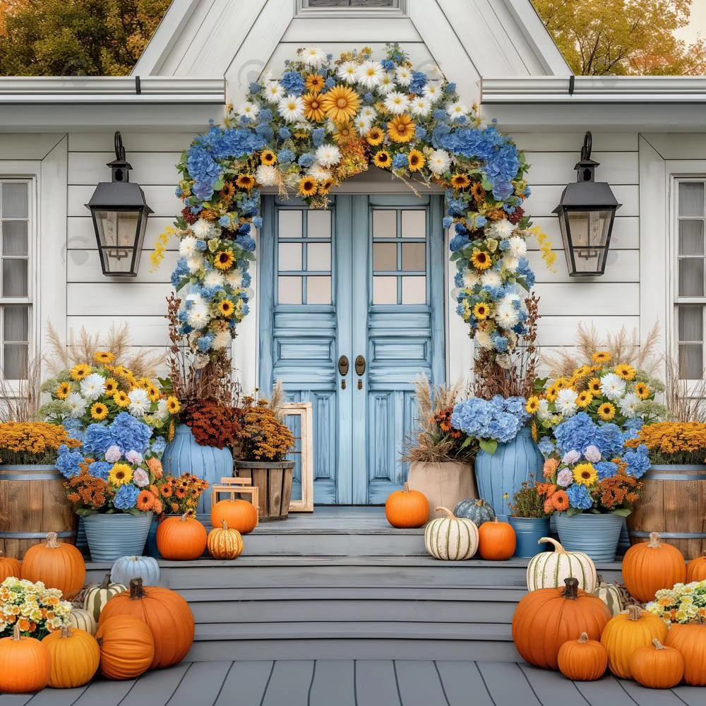 White cottage entrance with blue door, autumn floral arch, pumpkins and mums on porch steps