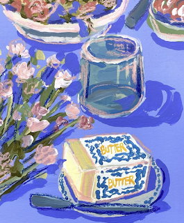 Gouache painting of butter, a glass, pink flowers, and bowls on a blue table