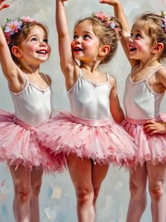 Painting of three young ballerinas in pink tutus and white leotards posing together