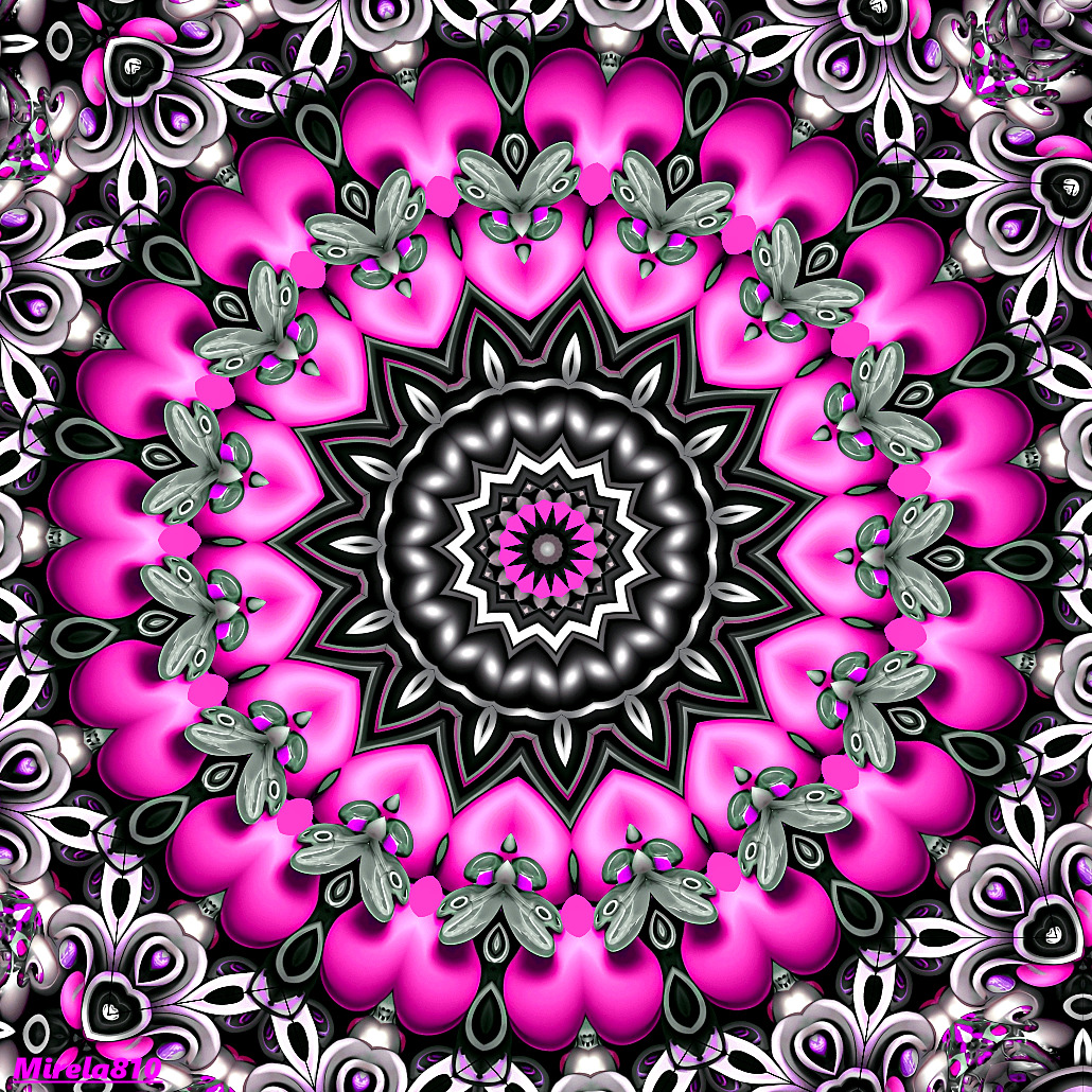 Vibrant pink and black mandala with symmetrical floral and geometric patterns radiating from center