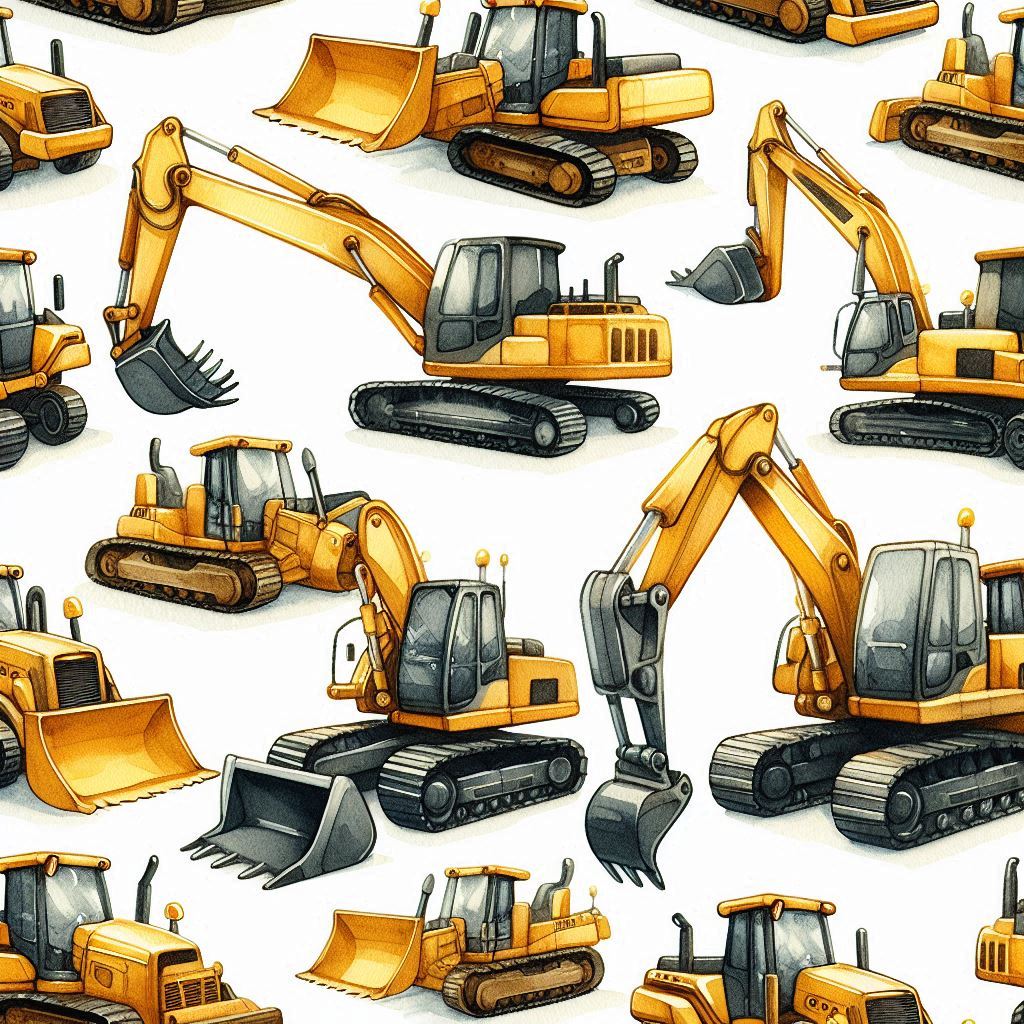 Illustration of yellow excavators and bulldozers arranged in a repeating pattern on white