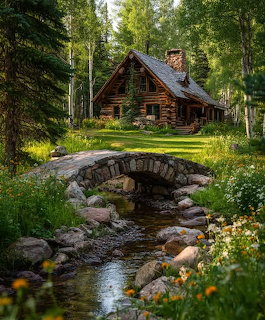 Log cabin with stone bridge over creek in forest clearing