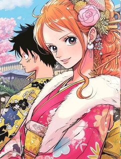 Anime girl in pink kimono with orange hair and flowers, boy visible behind her