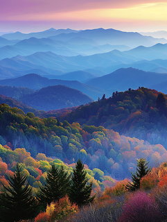 Blue mountain ridges layered into the distance with colorful autumn trees in the foreground at sunset