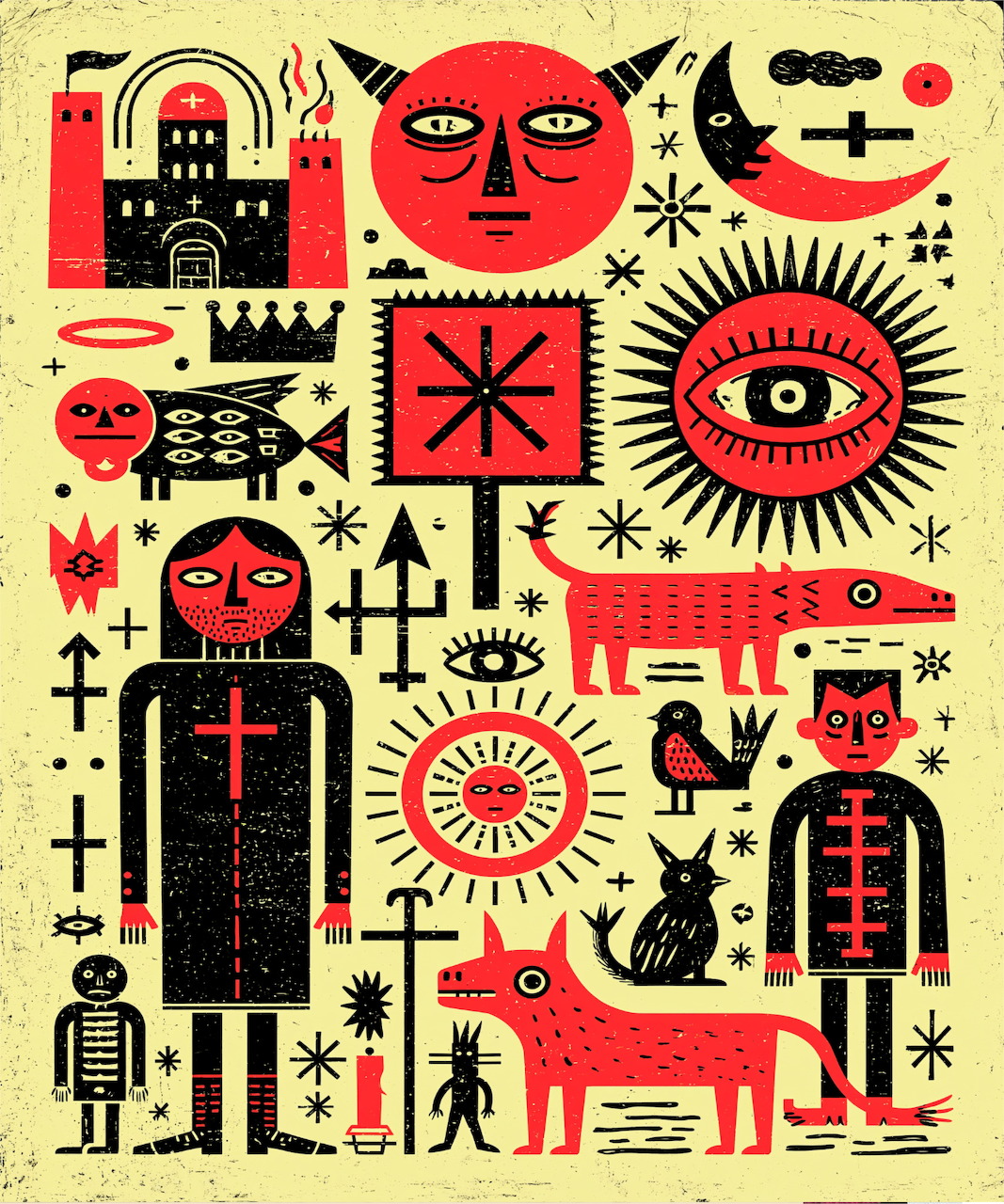 Abstract tribal-style illustration with symbolic figures, eyes, animals, and geometric motifs