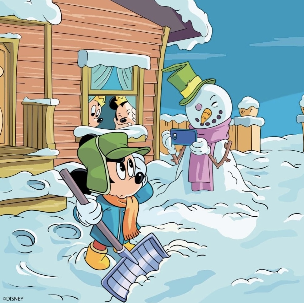 Mickey Mouse ice skating in winter snow near cabin and snowman