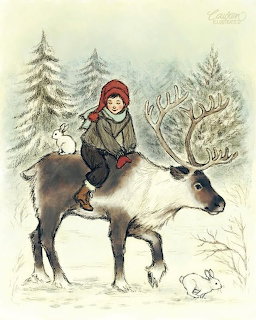 Illustration of a child in red hat riding a reindeer in a snowy pine forest with white rabbits
