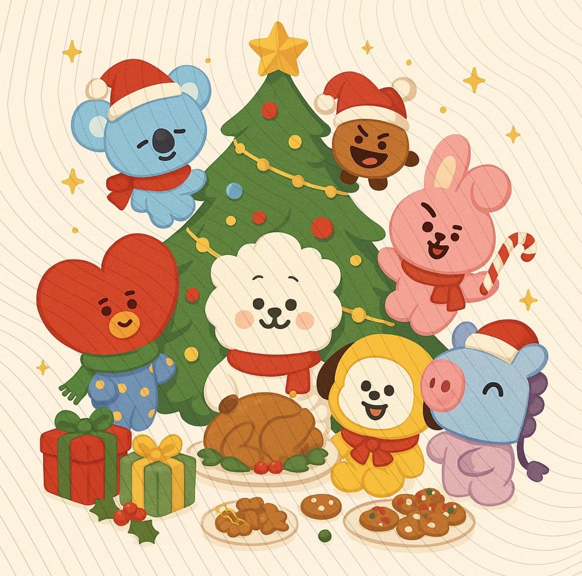 BT21 cartoon characters in Santa hats around a Christmas tree with presents and holiday snacks