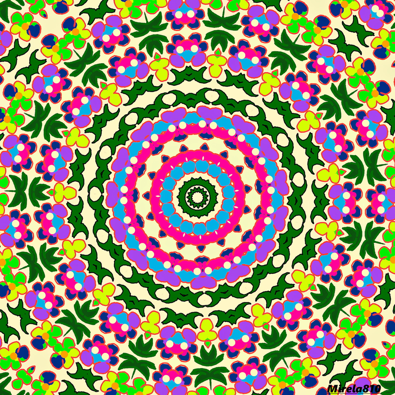 Colorful circular mandala with pink, blue and yellow flowers arranged in symmetrical rings on black background