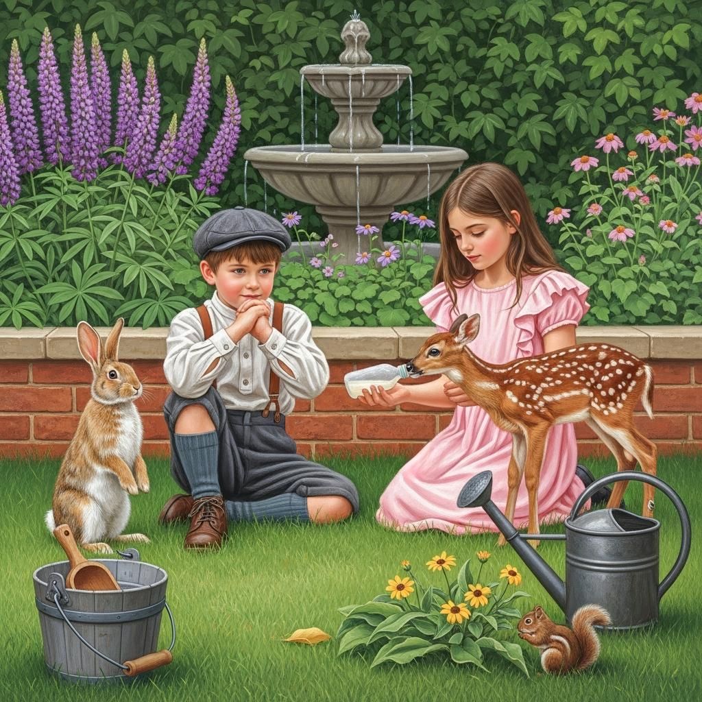 Boy and girl sitting on grass feeding a fawn and rabbit in a lush garden with fountain and flowers