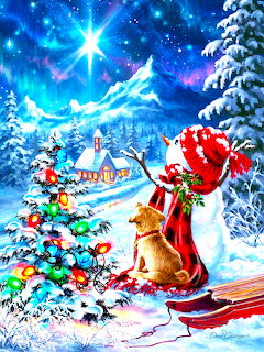 Snowman with puppy on red sled in snowy Christmas village under Northern Lights