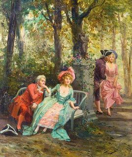 Painting of Victorian couples courting on a park bench under dappled sunlight through trees