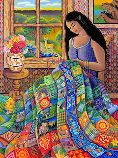Woman Quilting Colorful Blanket