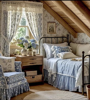 Cozy attic bedroom with iron bed, floral chair, lace curtains, and wooden nightstand