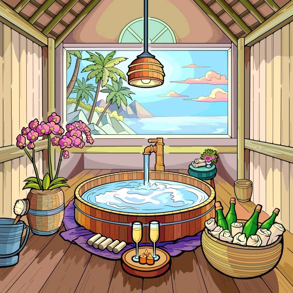 Anime illustration of tropical bathroom with round wooden tub and ocean view window