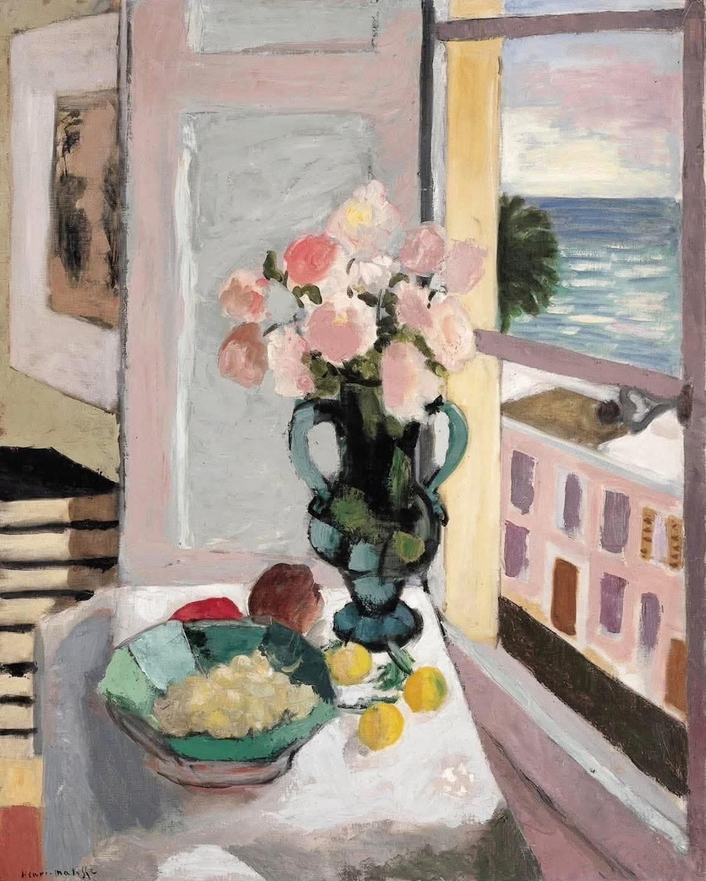 Painting of pink flowers in a vase and fruit bowl on a table by an open window overlooking the sea