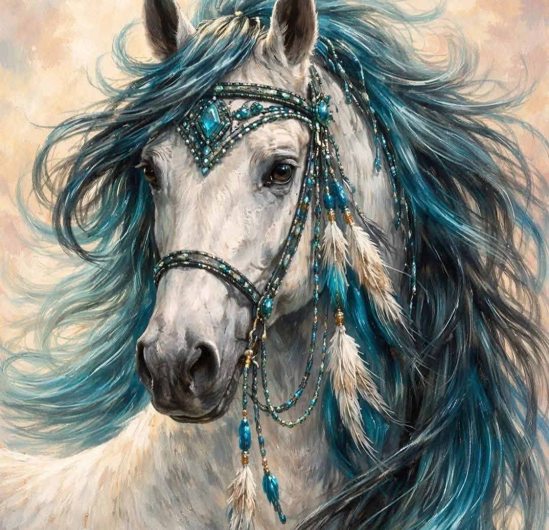 White horse with long turquoise mane and beaded bridle with feathers