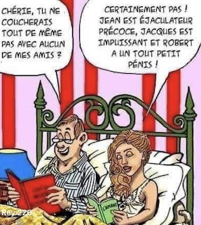 Cartoon couple in bed reading books with speech bubbles and a red striped background