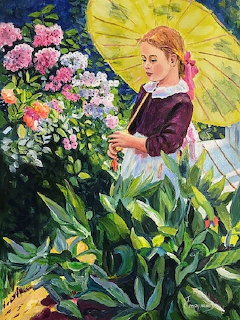 Impressionist painting of woman with yellow parasol standing among colorful garden flowers