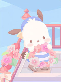 Cute white cartoon puppy on stairs with pink flowers and a striped shirt