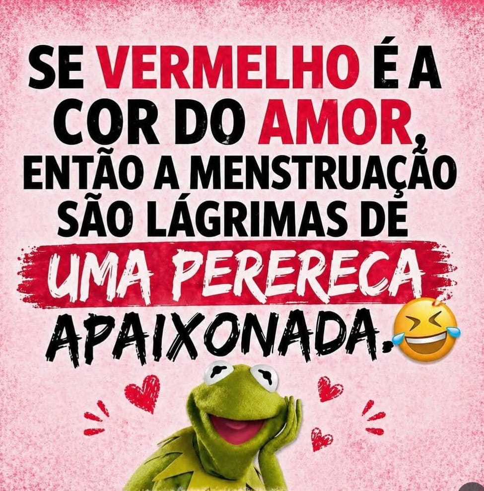 Pink meme with Portuguese text and a smiling green frog illustration at the bottom