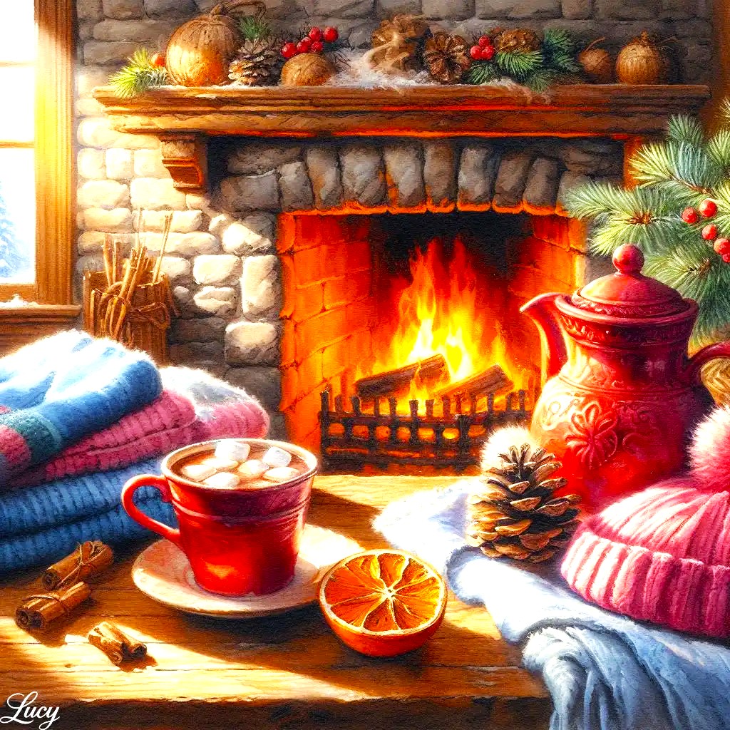 Stone fireplace with fire, hot cocoa mug, marshmallows, orange slices, pine cones, and colorful knit blankets on table