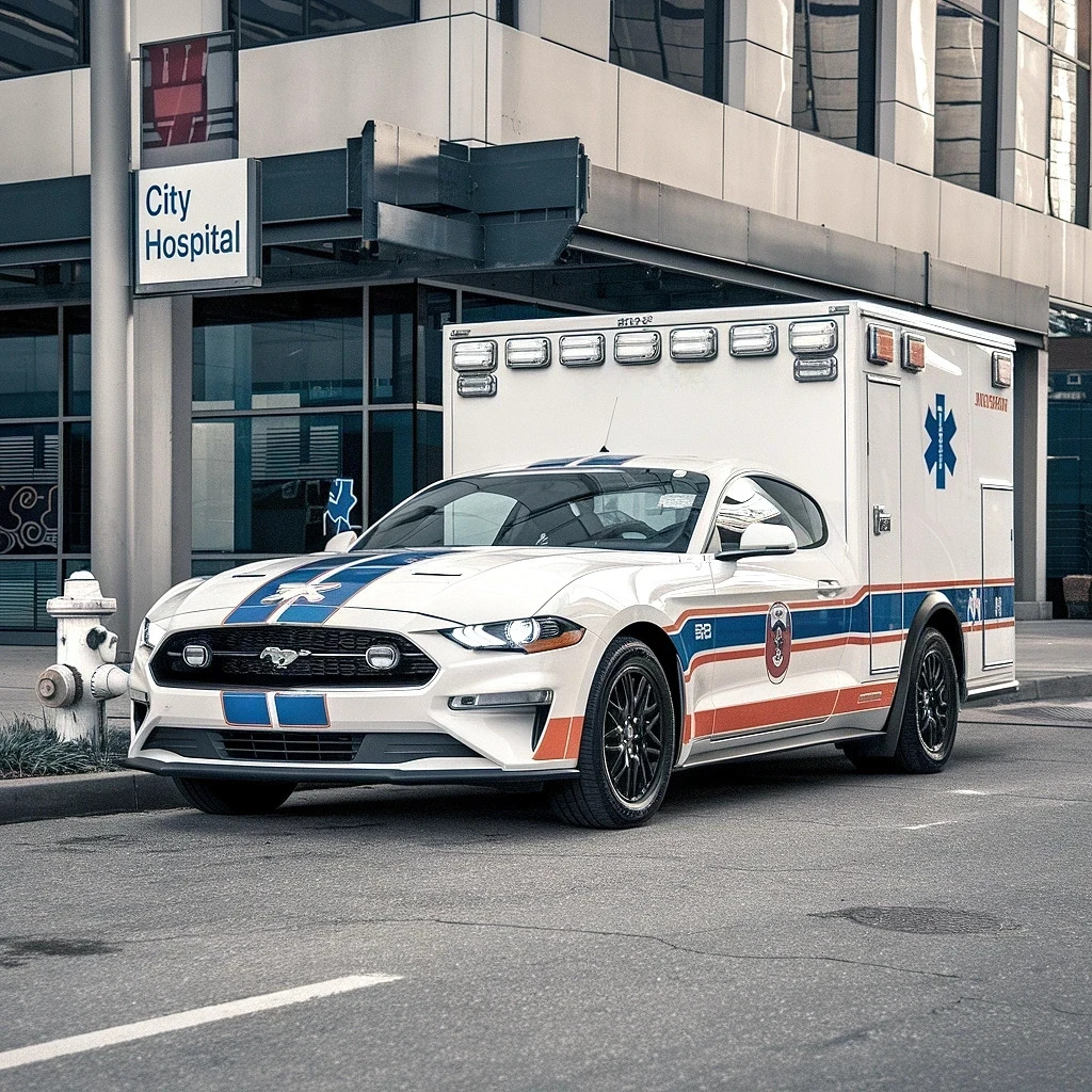 White Ford Mustang ambulance with blue stripes parked in front of hospital building