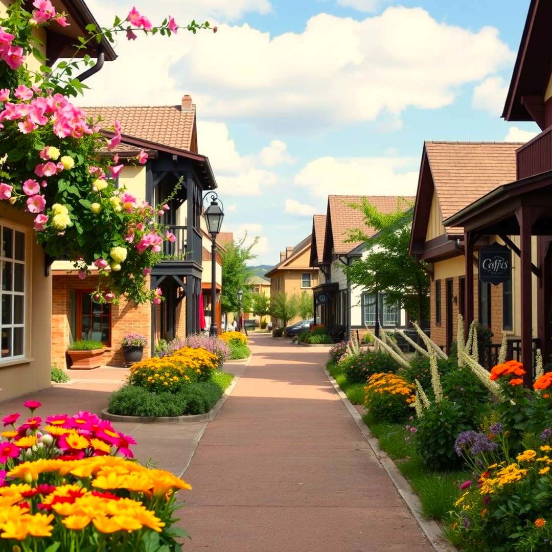 Charming small town street with shops, colorful flowers, and a walkway under a blue sky