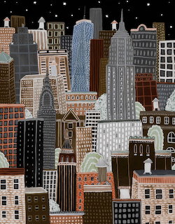 Artistic painting of New York City skyline at night with tall buildings, lit windows, and stars in dark sky