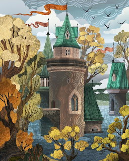 Illustrated stone tower with turquoise roofs amid autumn trees and water