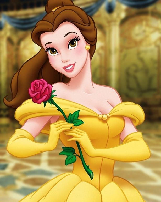 Belle in a yellow gown holding a pink rose in a palace room