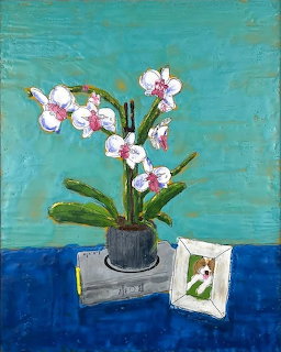 Still life painting showing potted orchid with pink blooms, books, and small framed picture on blue surface
