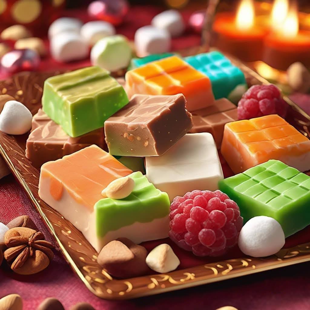 Colorful layered fudge squares on golden tray with raspberries, marshmallows and candlelight
