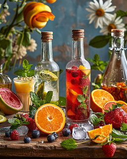 Glass bottles of fruit-infused water with oranges, beries, mint, and ice on a wooden table