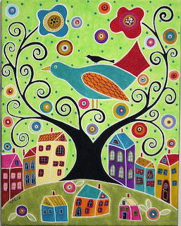 Whimsical folk art painting with decorative bird, swirling patterns, flowers and colorful village houses