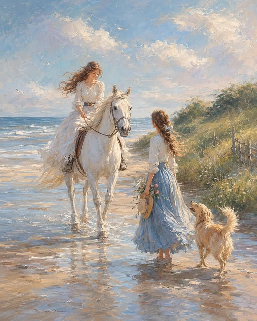 Woman on white horse and girl in white dress walking with golden dog on beach at sunset