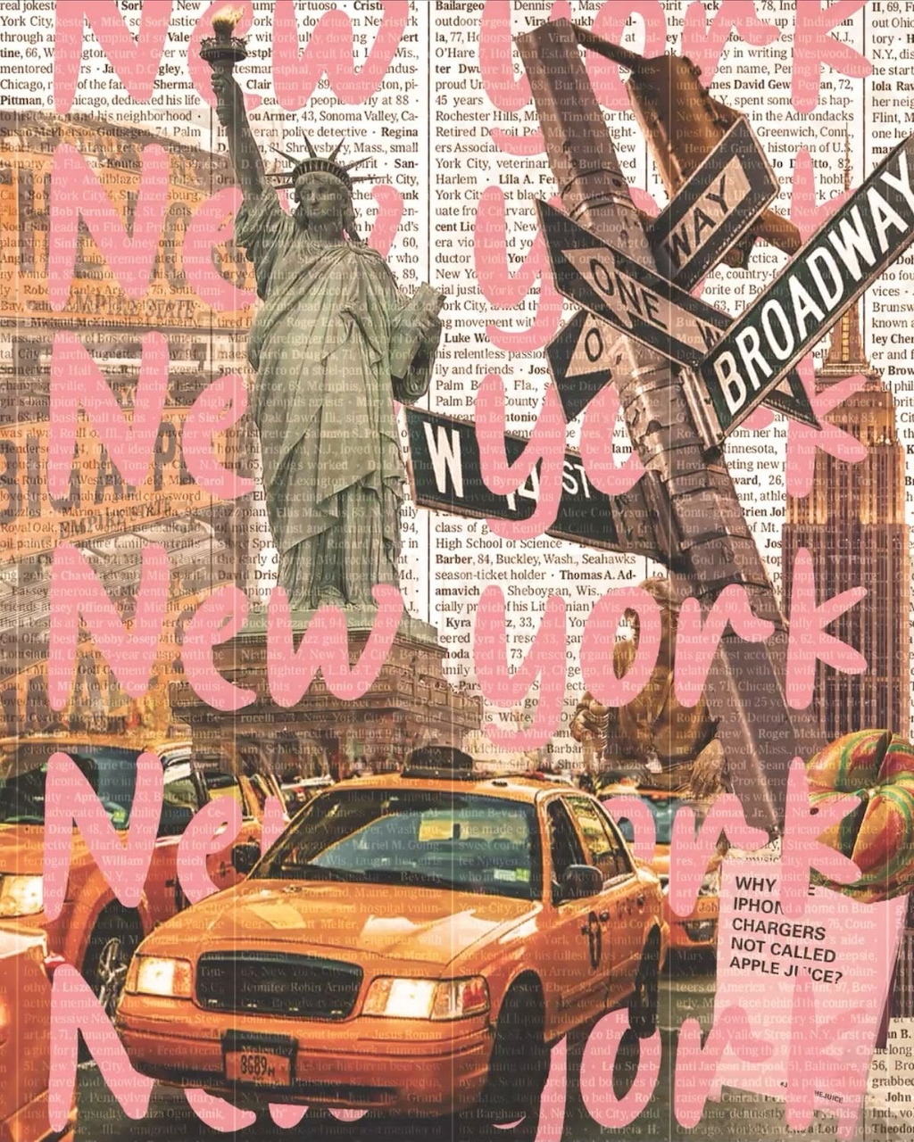 New York City collage with Statue of Liberty, yellow taxi, Broadway sign, and handwritten NYC text on newspaper background
