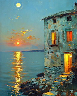 Painting of an old stone house by the sea at sunset with glowing windows and moonrise
