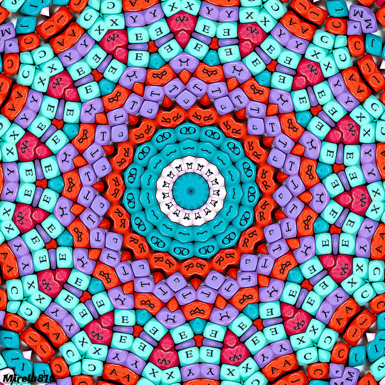 Circular mandala pattern composed of colorful alphabet letter beads in turquoise, purple, red, and white