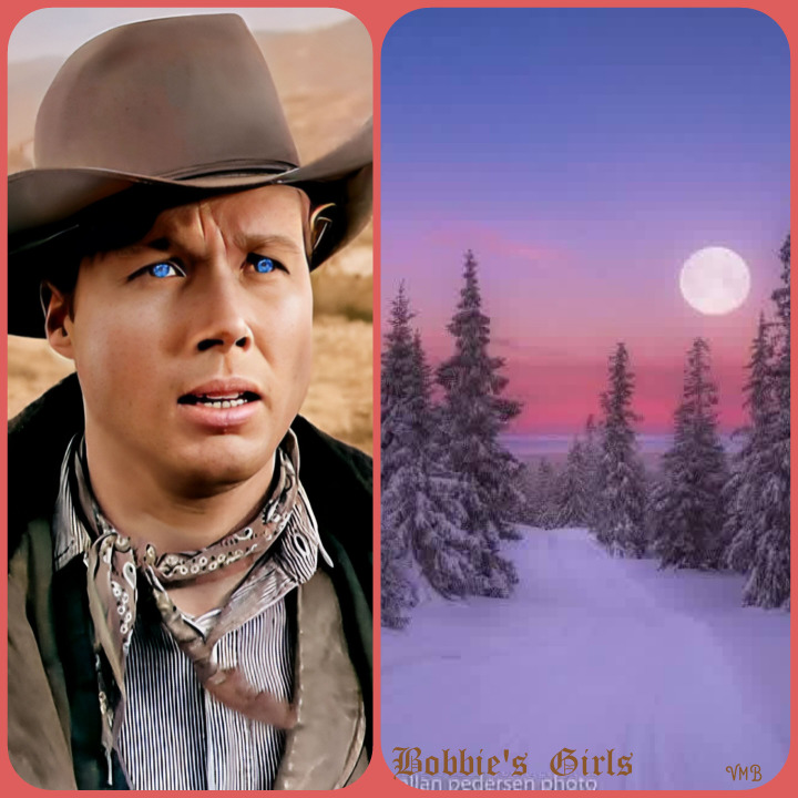 Cowboy portrait next to a snowy pine forest with a full moon in a pink dawn sky