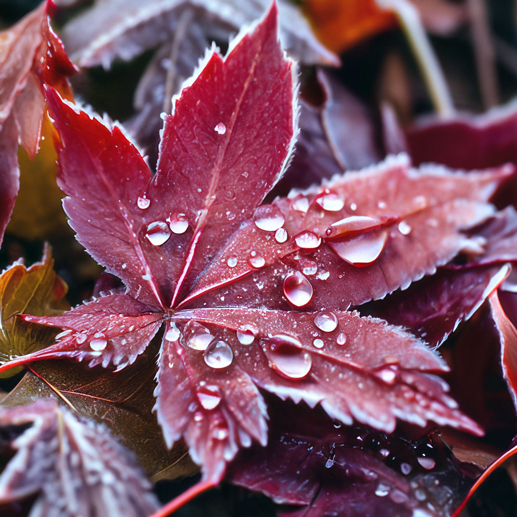 Close-up of a red leaf with water droplets on its surface
