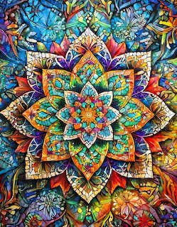Colorful layered mandala with geometric petals surrounded by intricate mosaic patterns in rainbow hues