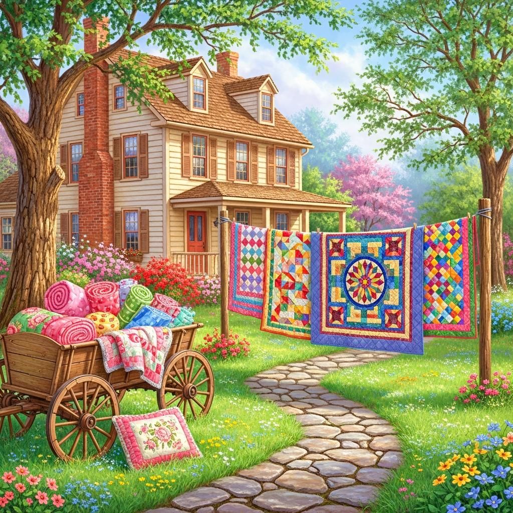 Colorful quilts drying on a clothesline in a sunny yard next to a yellow country house with flower gardens